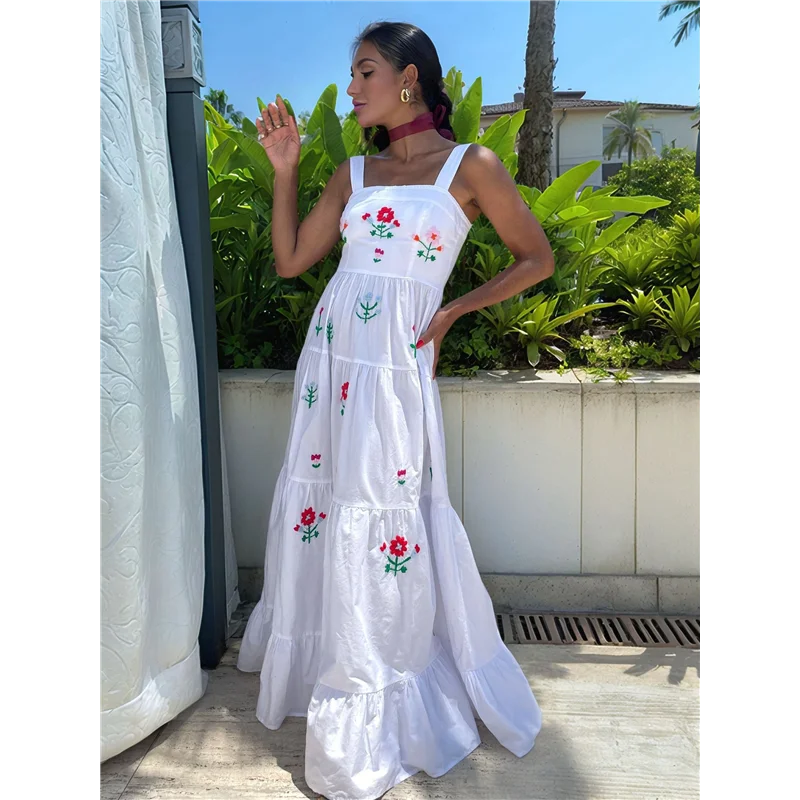 CGS-Vestito lungo ricamato da donna senza maniche smock fluido prendisole Boho Abiti lunghi estivi Vocazione sulla spiaggia