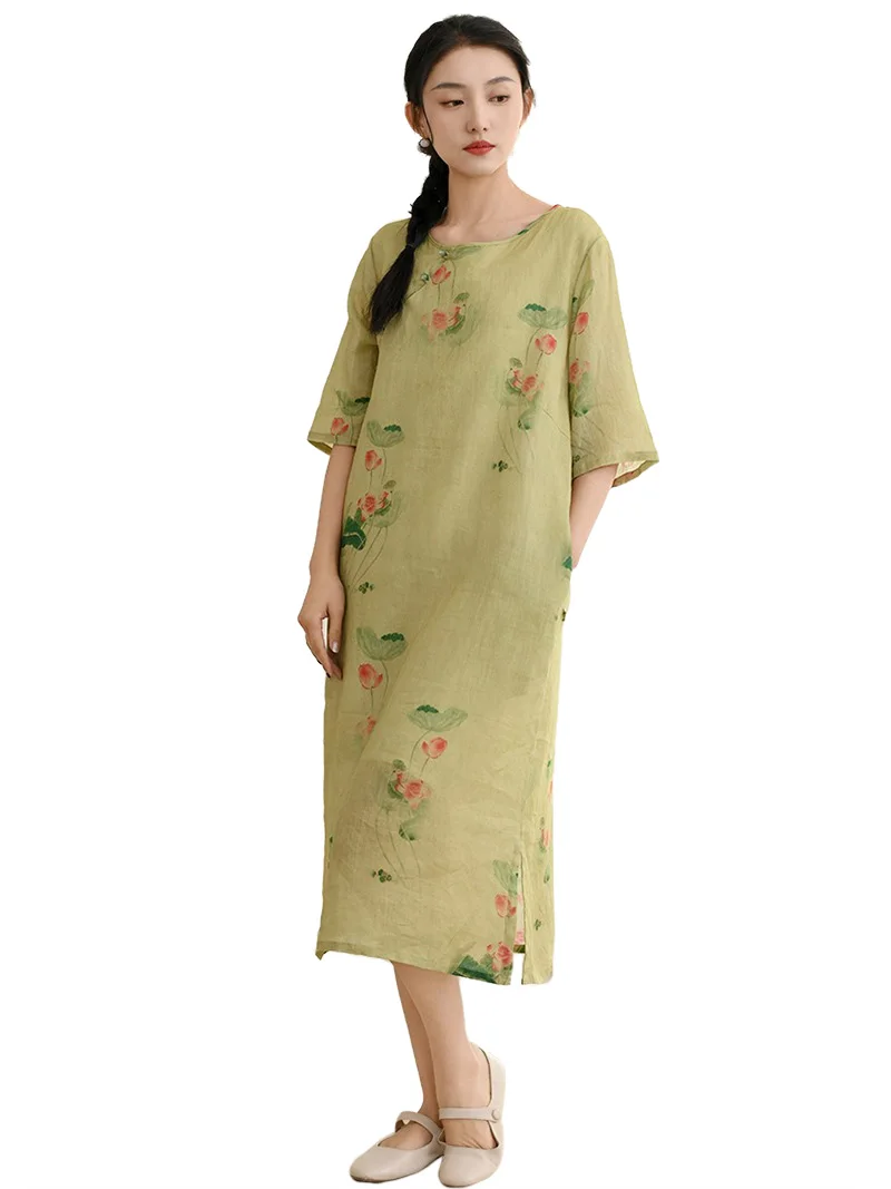 Chinese Style Modern Qipao Dresses Ramie Lotus Printed Tea Ceremony Cheongsam Half Sleeve