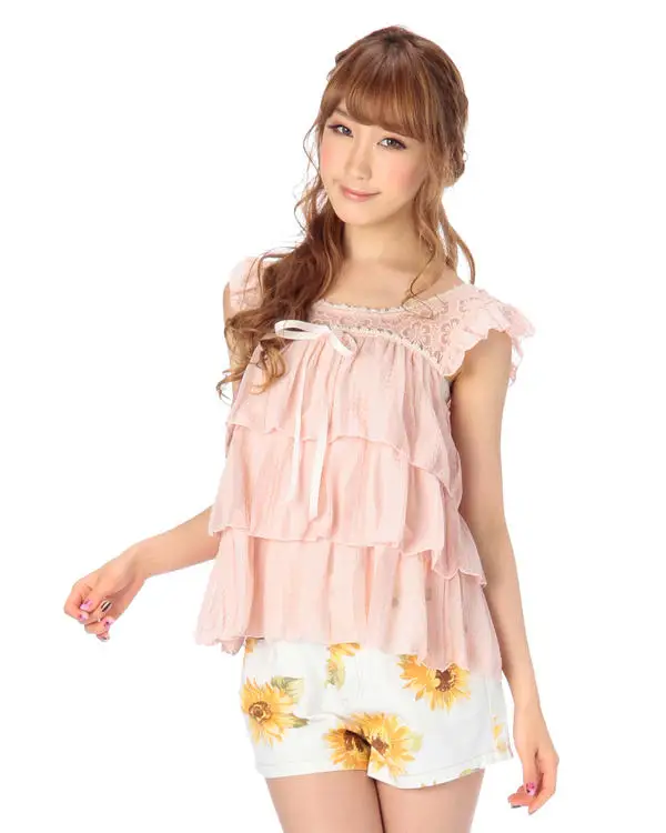 Sales Japan Liz Lisa Summer Chiffon Lace Multi Layers Ribbon Fly Sleeve Top Short T shirts