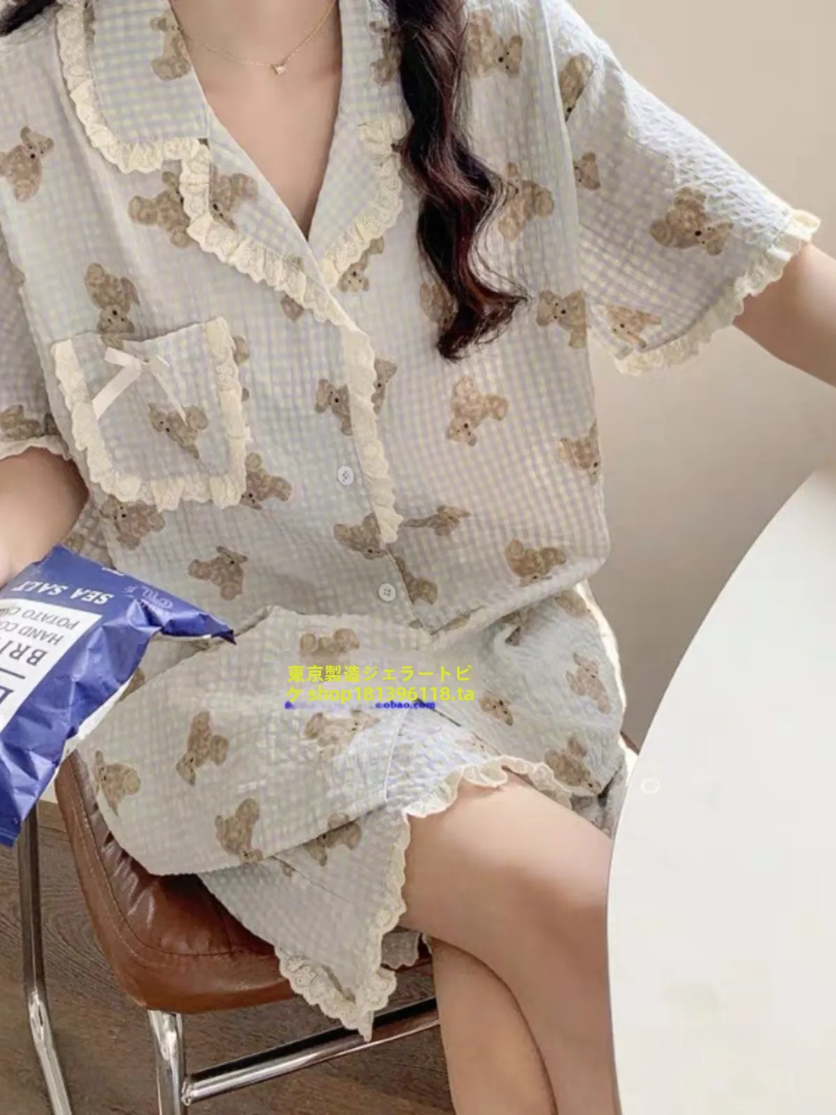 conjunto-de-pijama-de-algodon-a-cuadros-con-osito-adorable-manga-corta-y-pantalones-cortos-ropa-de-casa-para-mujer-estilo-dulce-verano-tela-suave-y-comoda