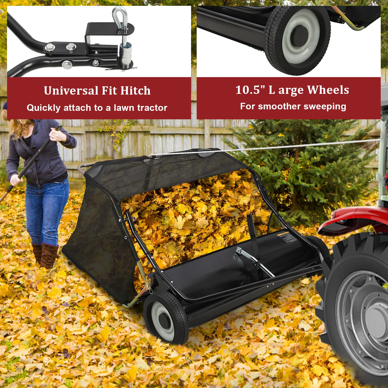 Tow Behind Lawn Sweeper 42 Inch, Large Capacity Heavy Duty Leaf Collector with Adjustable Sweeping Height, Dumping Rope Design