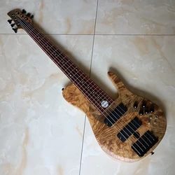 6 Strings Natural Ash Burl Spalted Maple Top Electric Bass Guitar Neck Through Body Black Imported Hardware