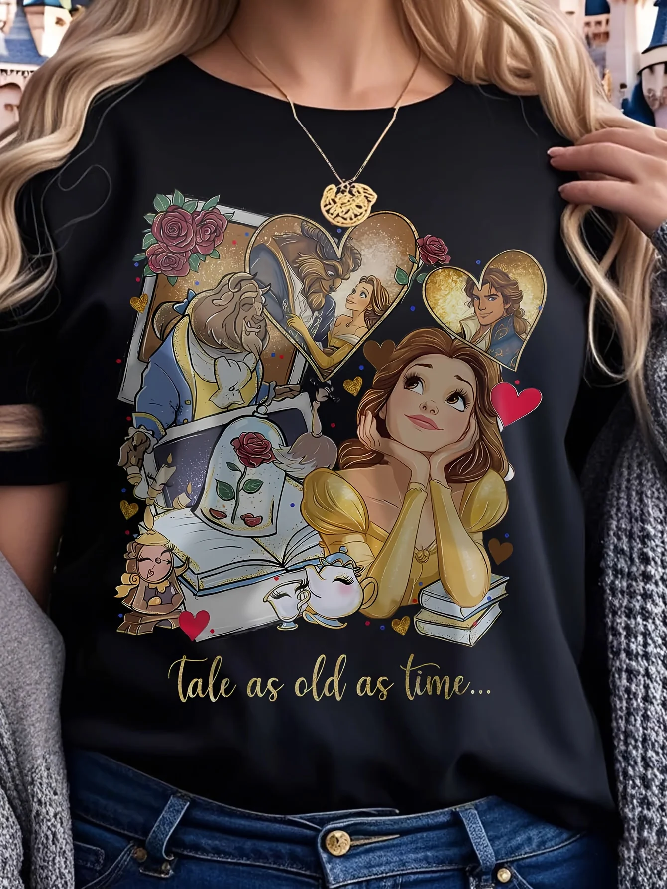 تي شيرت ديزني بيوتي آند ذا بيست بيل آند ذا بيست تي شيرت فور سيزونز قطن قاع قميص عتيق للسيدات