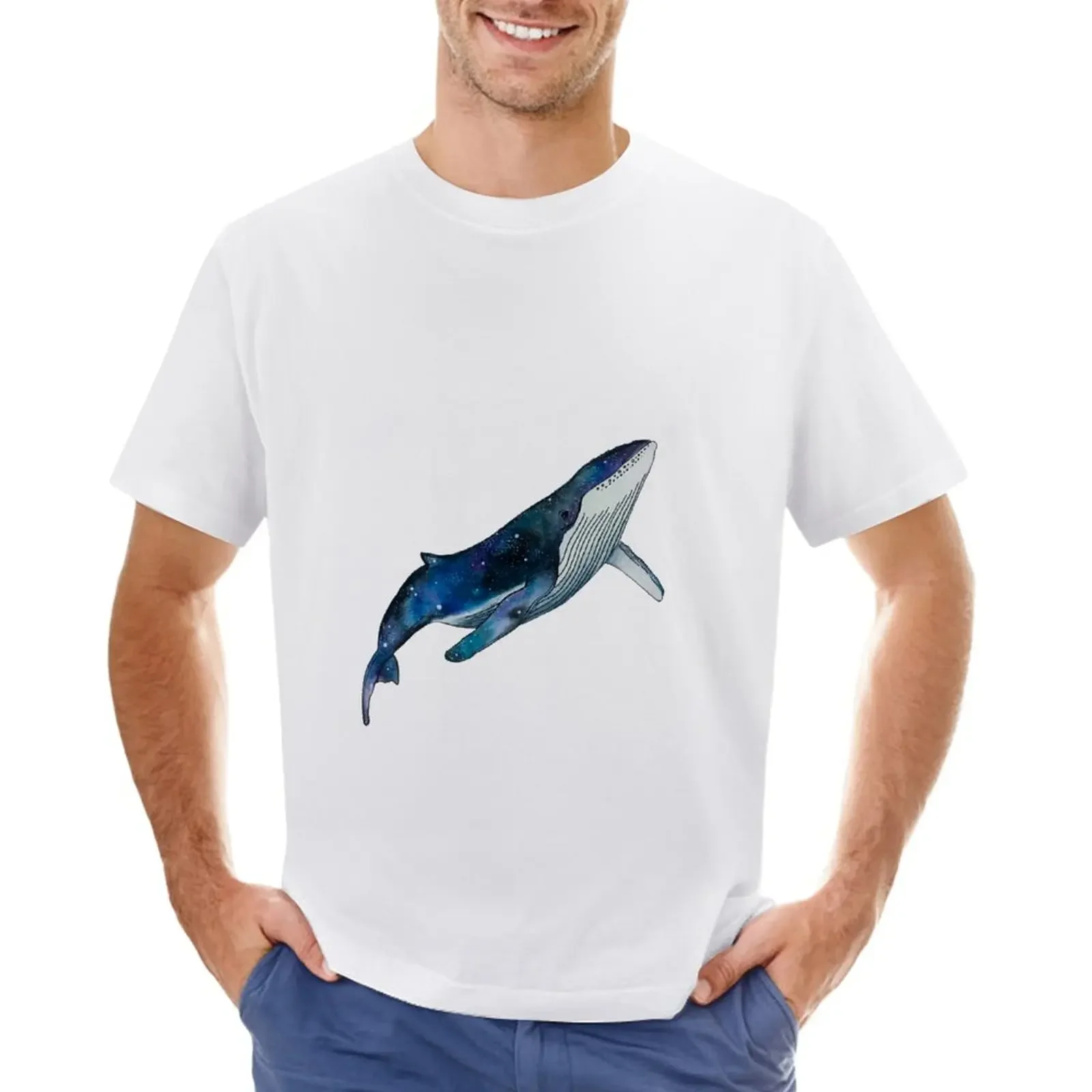 Watercolour galaxy humpback whale T-Shirt quick drying new edition anime clothes Men's clothing