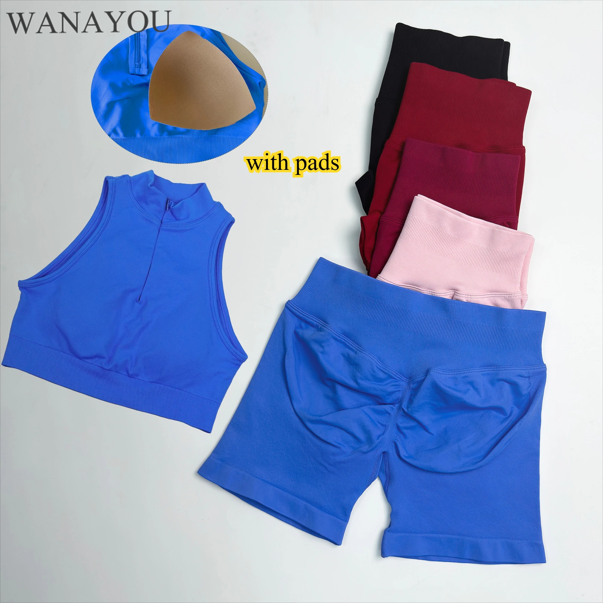 

WANAYOU 1/4 Zip Women Yoga Tank Top with Pads Dynamic Sports Crop Tops Hip Lift Impact Gym Shorts Legging 2pcs Seamless Set