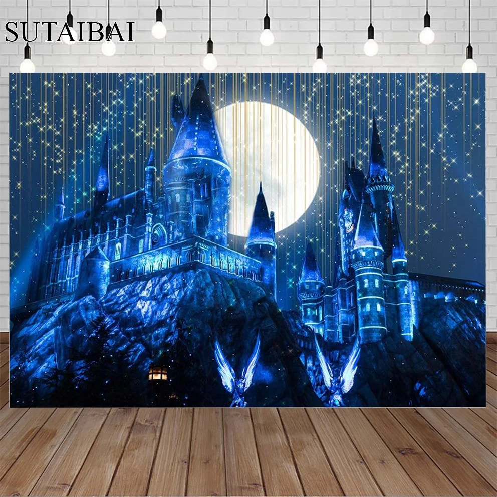 

Magic School Castle Backdrop Wizard World Night Moon Stars Gold Glitter Twinkle Birthday Party Decor Banner Photo Studio Props