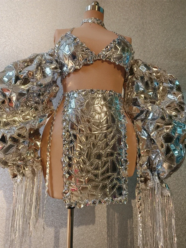 

Сексуальный блестящий серебряный лазерный блеск с объемными рукавами для празднования дня рождения, наряд со шнуровкой, костюм для вечеринки, костюм для танцовщицы, шоу-костюм