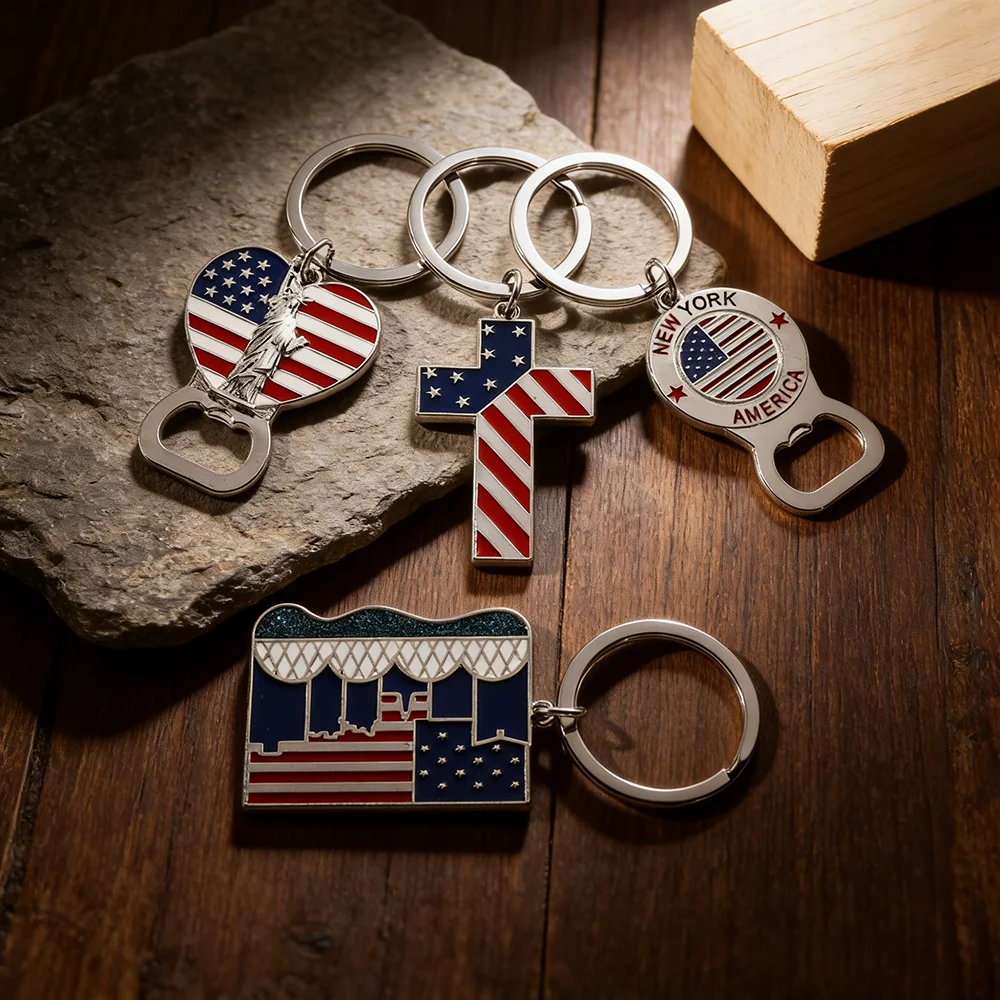 USA Flag Metal Enamel Pendant Keychains Bottle Opener Keyrings Creative American Fashion Jewelry for Women Men Friends Gift