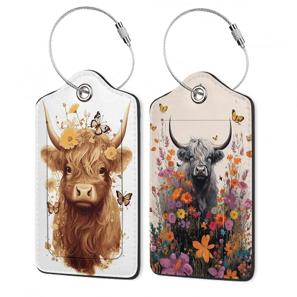 

Highland Cow Luggage Tags for Suitcase,Flower Luggage Tags of Set 2 Leather Identifiers Privacy Cover with Stainless Steel Lo