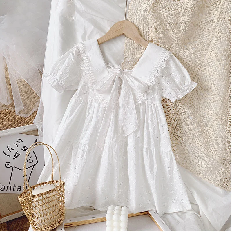 2025 Summer Dresses Girls Fashion White Dress Kids Lace Floral Dresses Cotton Dress Children Clothing Lace Floral Dresses