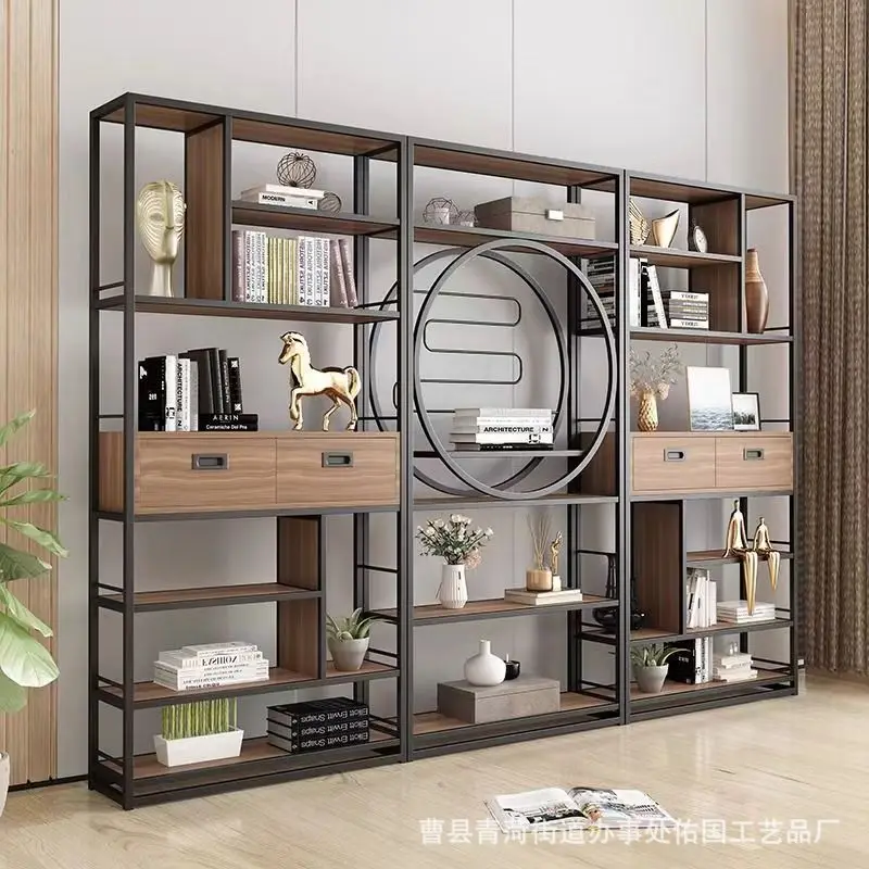 Estantería sencilla de varias capas de hierro forjado y madera maciza, estantería de suelo para almacenamiento, estantería para sala de estar, estantería para oficina, estantería Bogu
