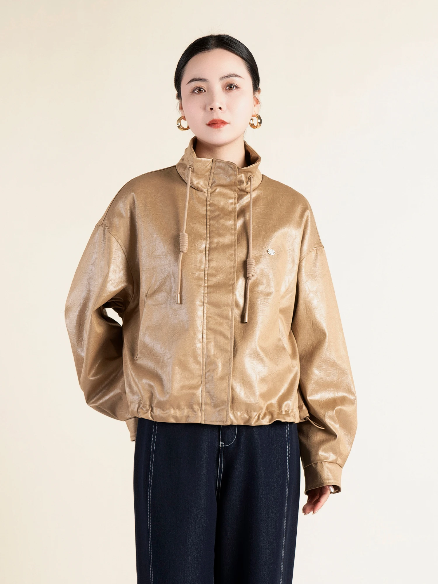 

Casual ort Pearl Glitter Stand Collar Women's Jaet Spring 2025 Yanzi Faion Design Sensation Loose Fit Polyester