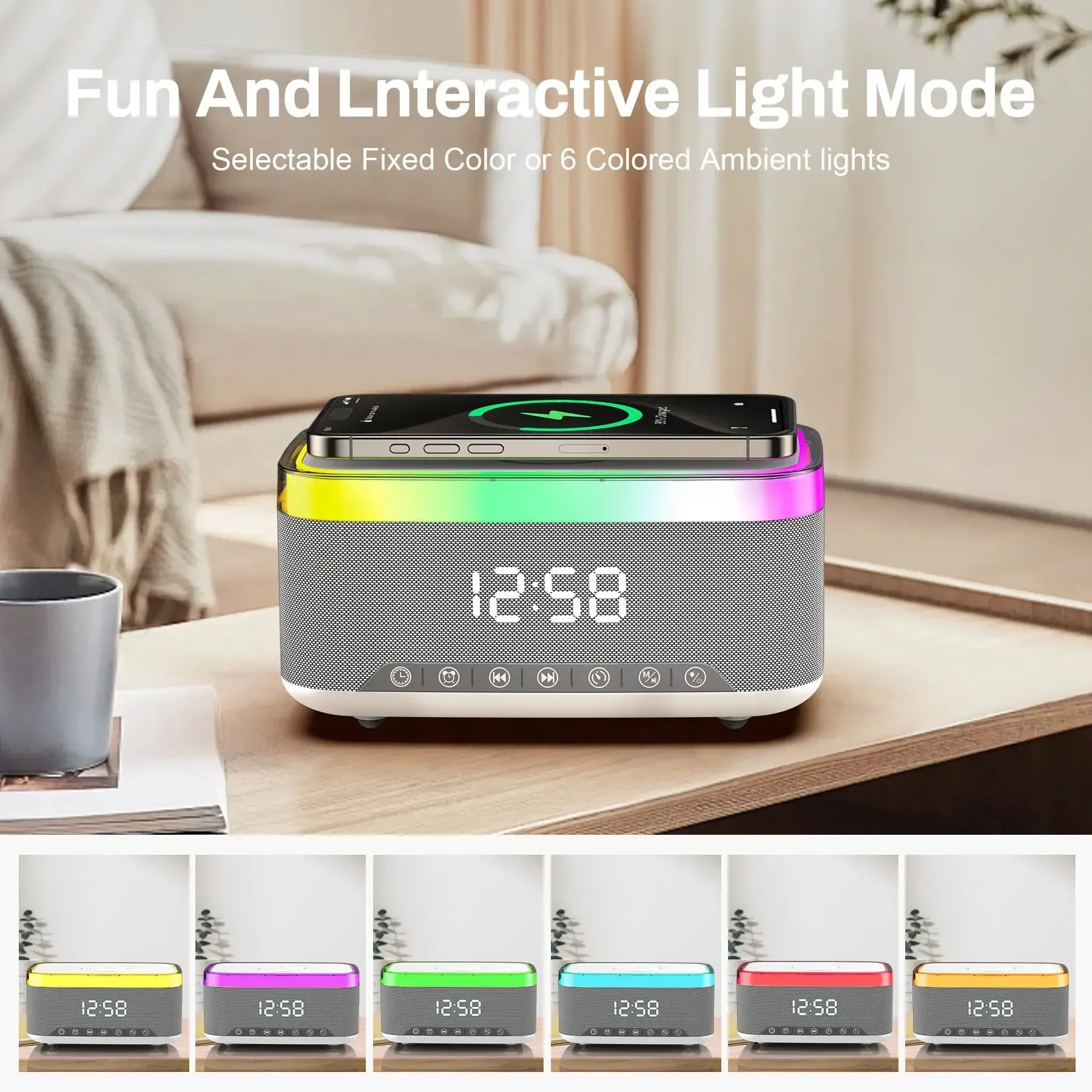 Music Player LED 15W Wireless Charger Wireless Bluetooth Speaker Desktop Alarm Clock White Noise Soundbar with Radio TF Aux