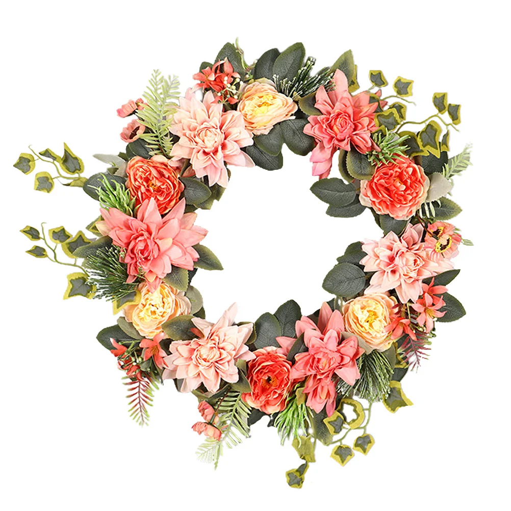 

1pc Orange Imitated Dahlia Wreath Artificial Garland Decor For Door Wall Hanging Home Wedding Party Decoration Lifelike Pendant