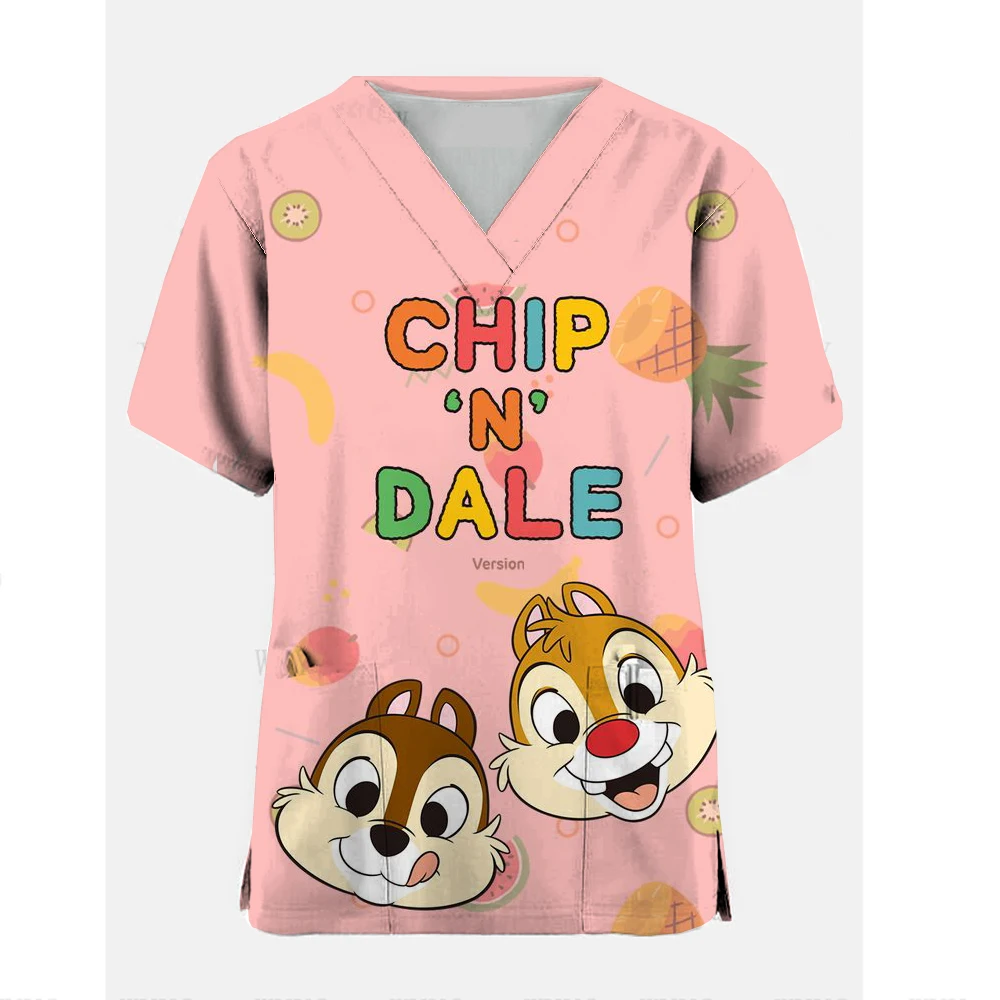 Summer Short Sleeve V Neck Scrub Tops Women Disney squirrel Chip 'n' Dale Printed Work Uniform Beauty Spa Nursing Blouse