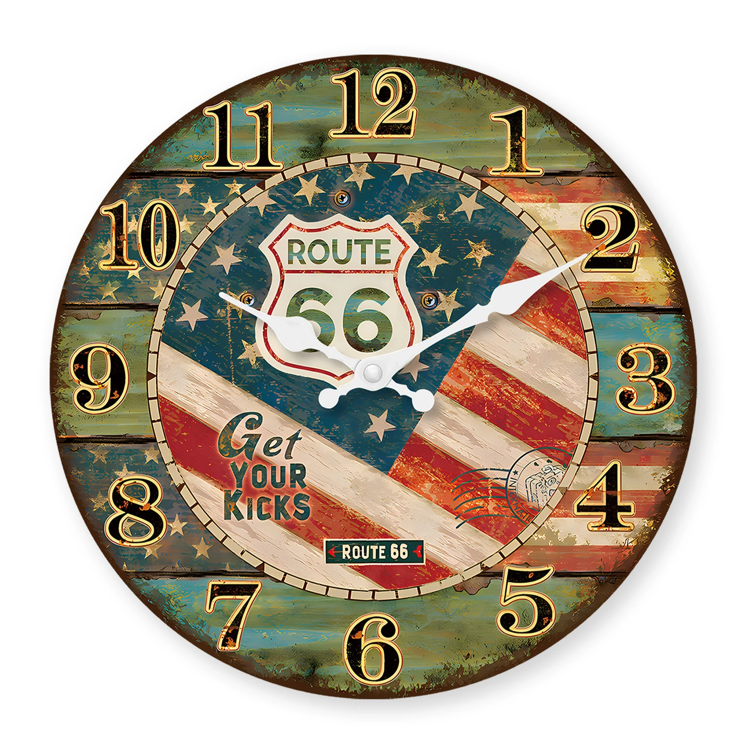 Kreative Retro-Wanduhr mit Route-66-Muster aus Holz für Wohnzimmer, Schlafzimmer, Küche, zur Dekoration des Hauses, geräuschlose Quarzuhr, ideales Geschenk für die Feiertage, 25 cm, 30 cm, 35 cm, 40