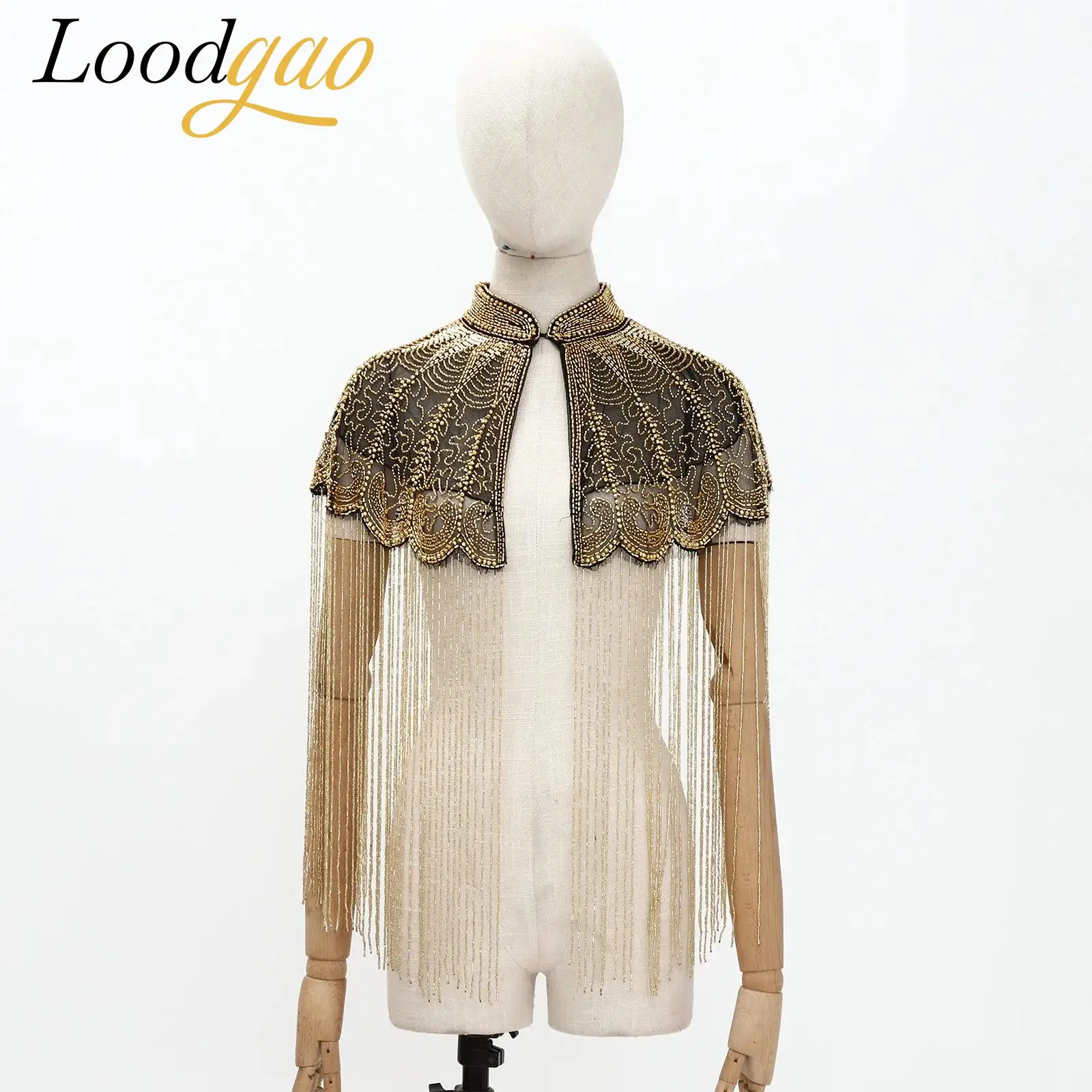 Women Flapper 1920s Retro Cocktail Party Beaded Shawl Wraps Fringed Shawl Capes Elegant Lady Vintage Tassel Evening Cape Wrap