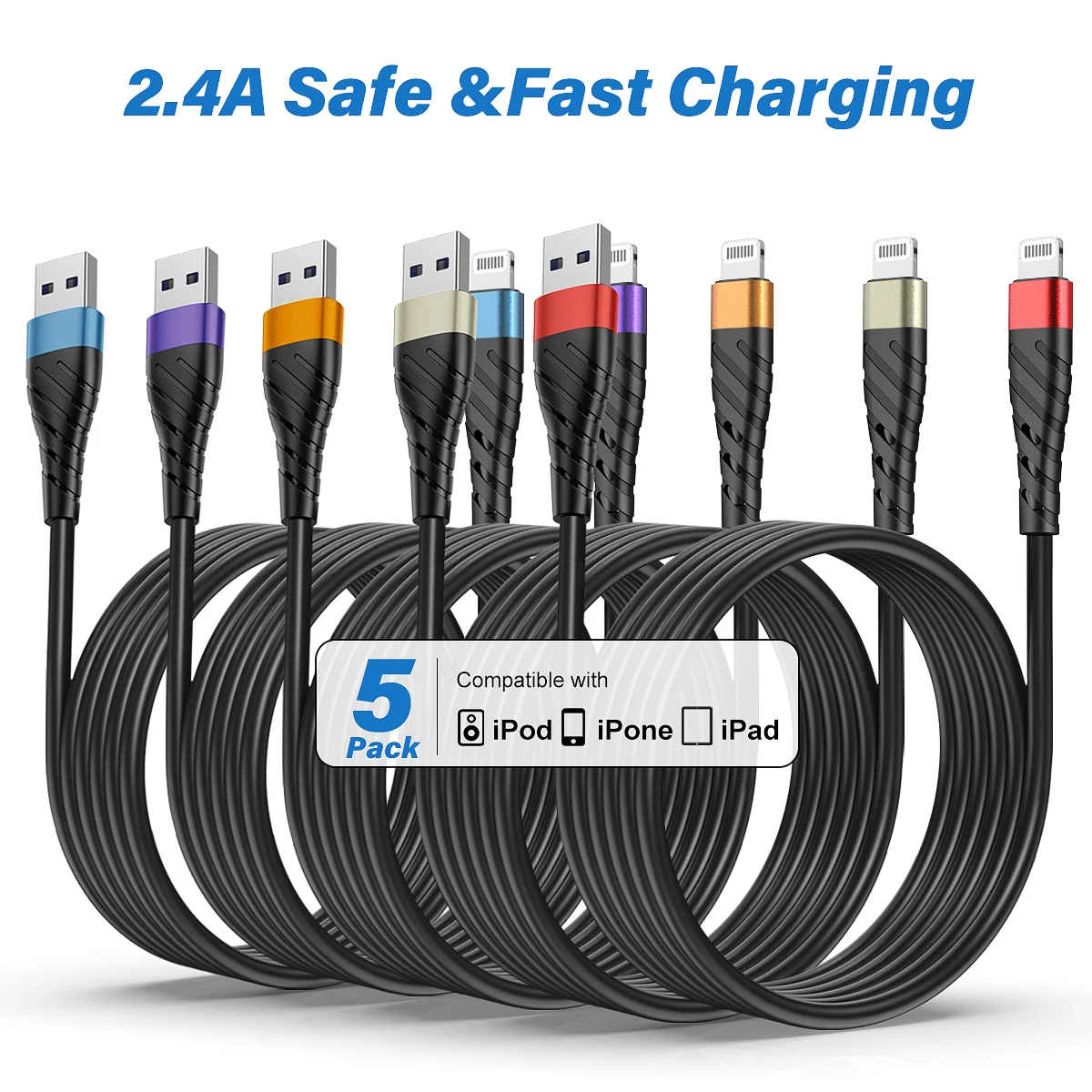 5pcs 2.4A Fast Charging USB Cable For iPhone 14 11 12 13 Pro X XS Max 6 7 8 Plus SE iPad Cord Phone Charger Data Wire 1/2/3m