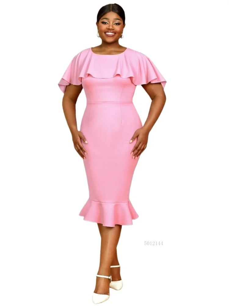 

Women's Pink RuffleCloak Sleeves Mermaid Dress Elegant Bodycon Fit with Flounce Hem Perfect for Cocktail Party Evening Events