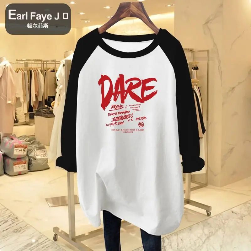 

Осенняя модная повседневная футболка с круглым вырезом и длинными рукавами, женская одежда, шикарная базовая футболка с буквенным принтом, офисные женские свободные пуловеры