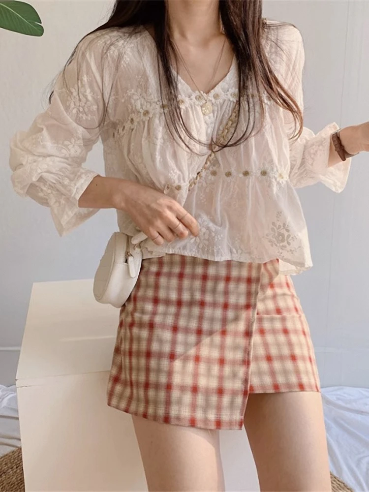 Dulce V-Ne encaje irt coreano Sle suelto nueve puntos Bell Sve mujer verano Faionable Top viaje Sle bordado