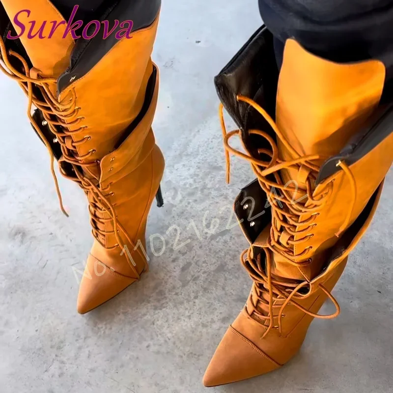 

Женские сапоги до колена со шнуровкой, коричневые двухслойные высокие сапоги на шпильке со шнуровкой, сексуальные роскошные эластичные сапоги для вечеринок, женские 47
