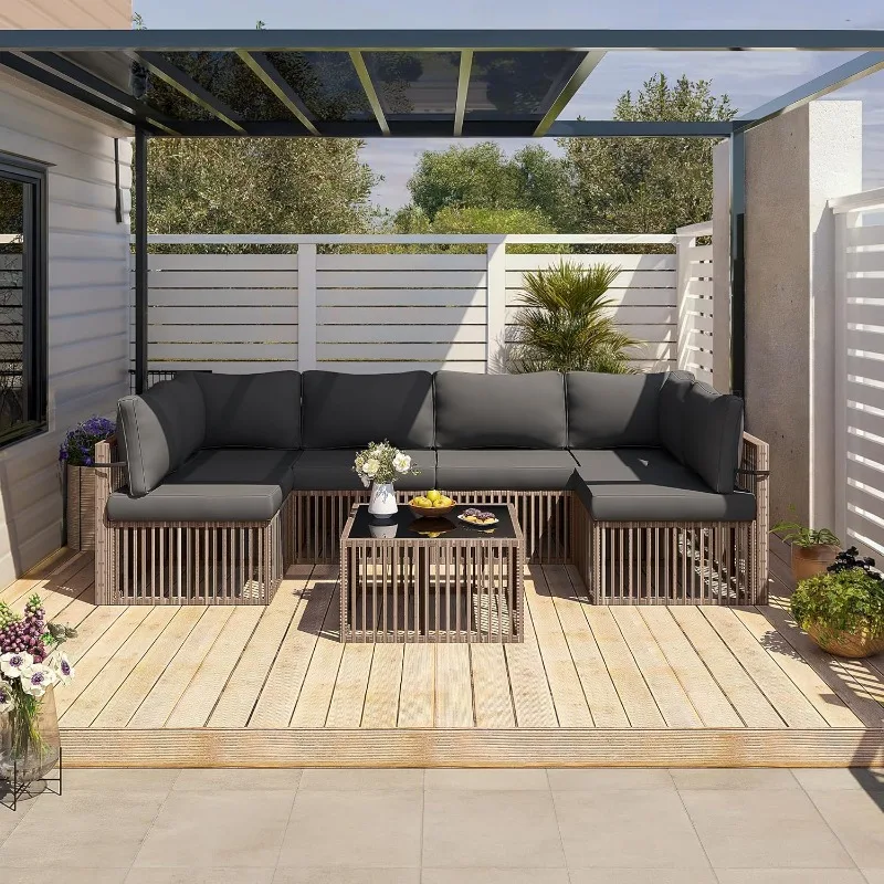 Pamapic 7-Piece Outdoor Sectional Sofa Set, All-Weather PE Rattan Patio Furniture with Washable Cushions Covers, Gray Cushions