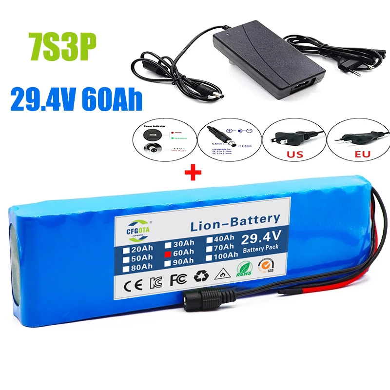 

7S3P 29.4V 60Ah Rechargeable Lithium Battery Charger Intelligent BMS Tourist Bus, Outdoor Power Supply, Lawn Mower,Display