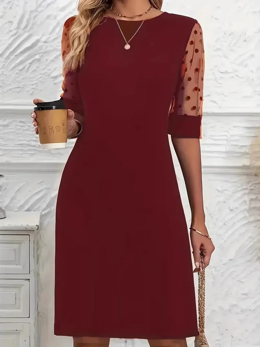 

2026 Women Wine Red Polka Dot Dress women's clothing Round Neck Half Sleeve Mesh See Through A Line Casual Office Mini Dress