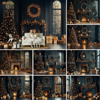 Black Fireplace Background for Christmas Photography Gold Xmas Tree Wreath Gift Room Backdrop Winter Kids Family Photo Studio