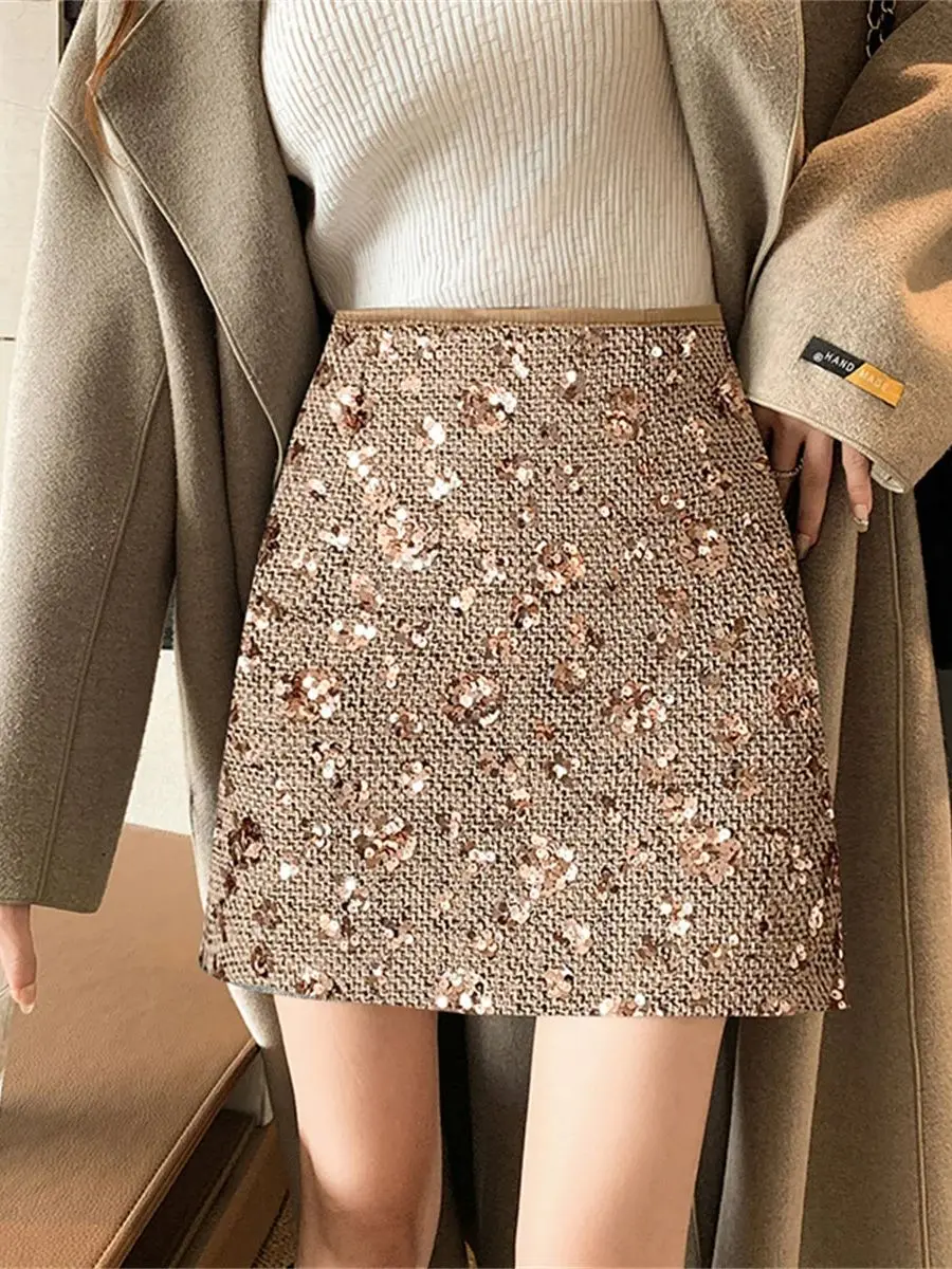 

Модная шерстяная мини-юбка с блестками для женщин, тонкая облегающая юбка с небольшим ароматом ветра и высокой талией, зимняя короткая юбка