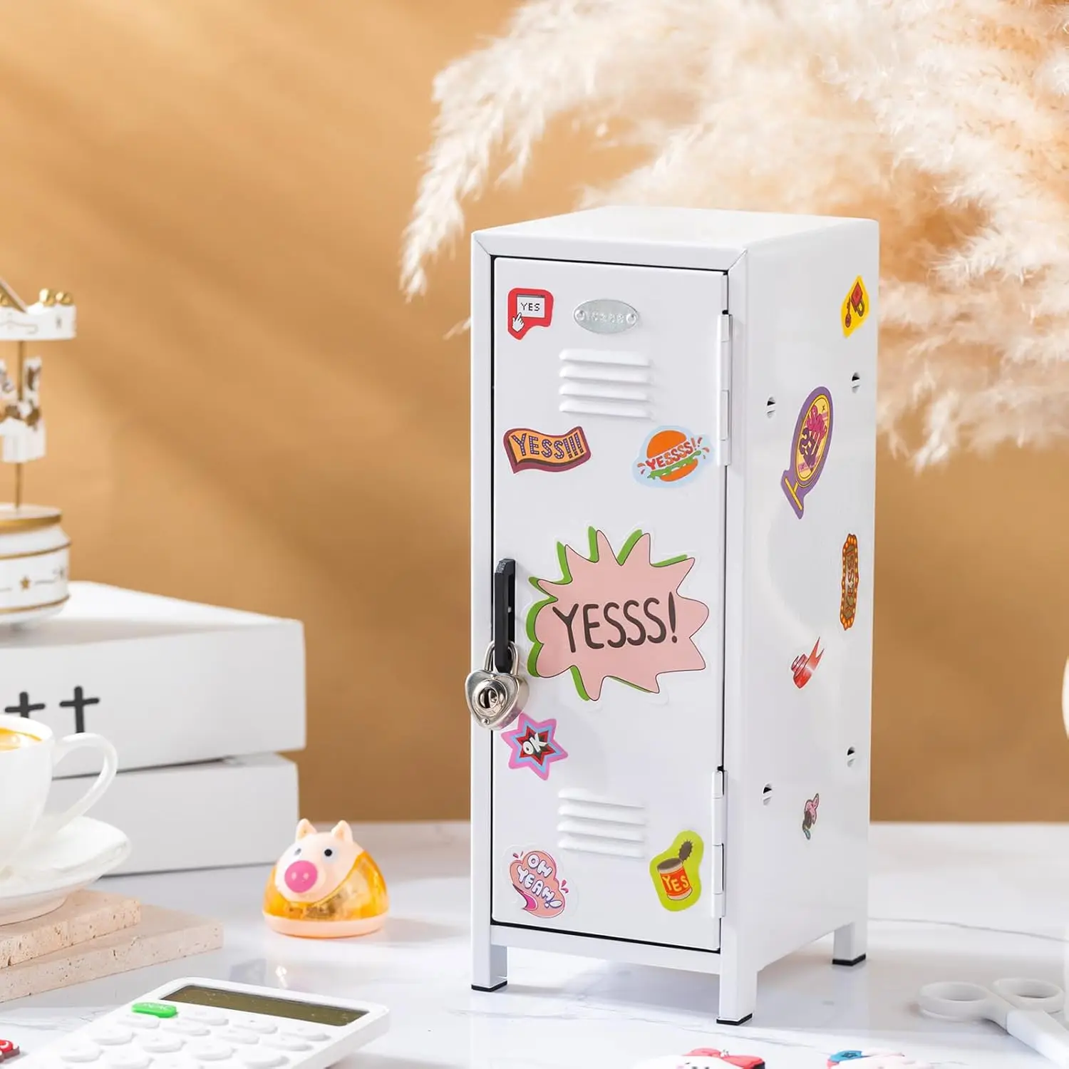 White Mini Metal Locker with Lock, Keys, and Stickers for Desktop Storage - 10.8 Inch Small Safe