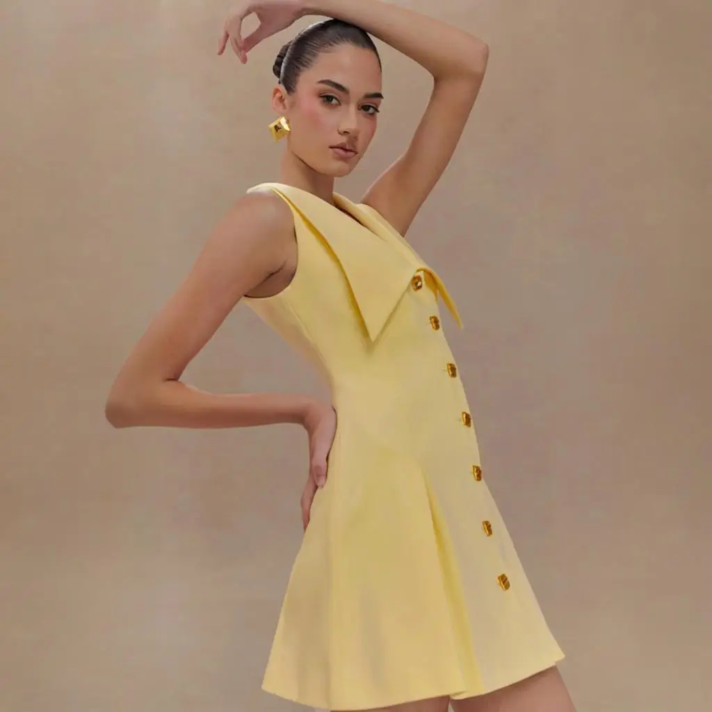 ผู้หญิงฤดูร้อน Vintage A-Line ชุดมินิแขนกุดคอปกปุ่มด้านหน้า Smocked เอว Fluted Hem ค็อกเทลปาร์ตี้ชุด
