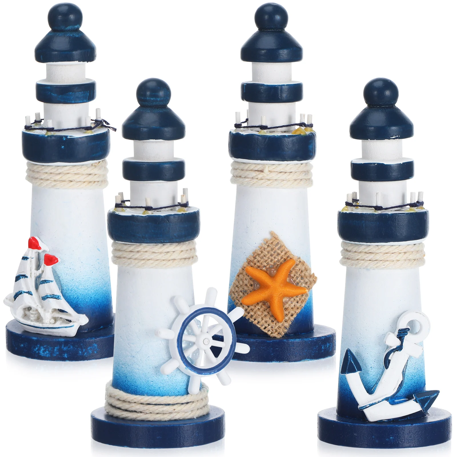 

4Pcs Wooden Lighthouse Crafts Mediterranean Style Stylish Room Desktop Decoration Photo Props Lighthouse Ornament