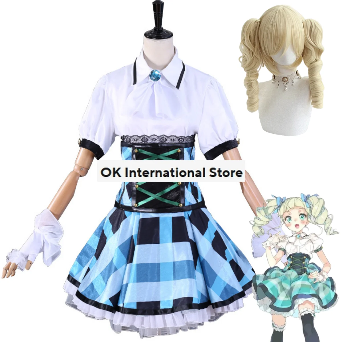 Anime Aikatsu On Parade! Todo Yurika Cosplay Costume Wig Gothic Lolita Blue Lattice Skirt Adult Woman Sexy Kawaii Carnival Suit