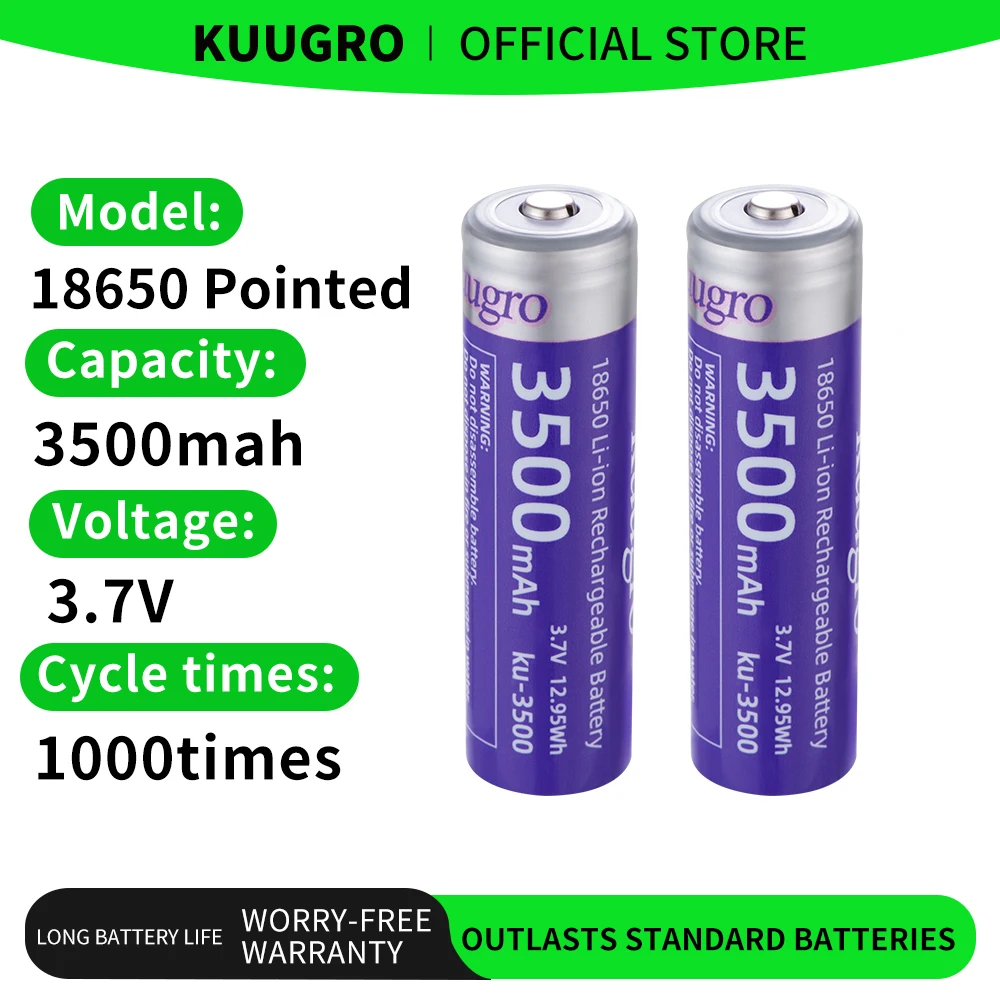Kuugro Ku-3500 18650 Battery 3500mAh 3.7V Li-ion Rechargeable Battery 12A Lithium Battery High Drain For Flashinglight Vaping