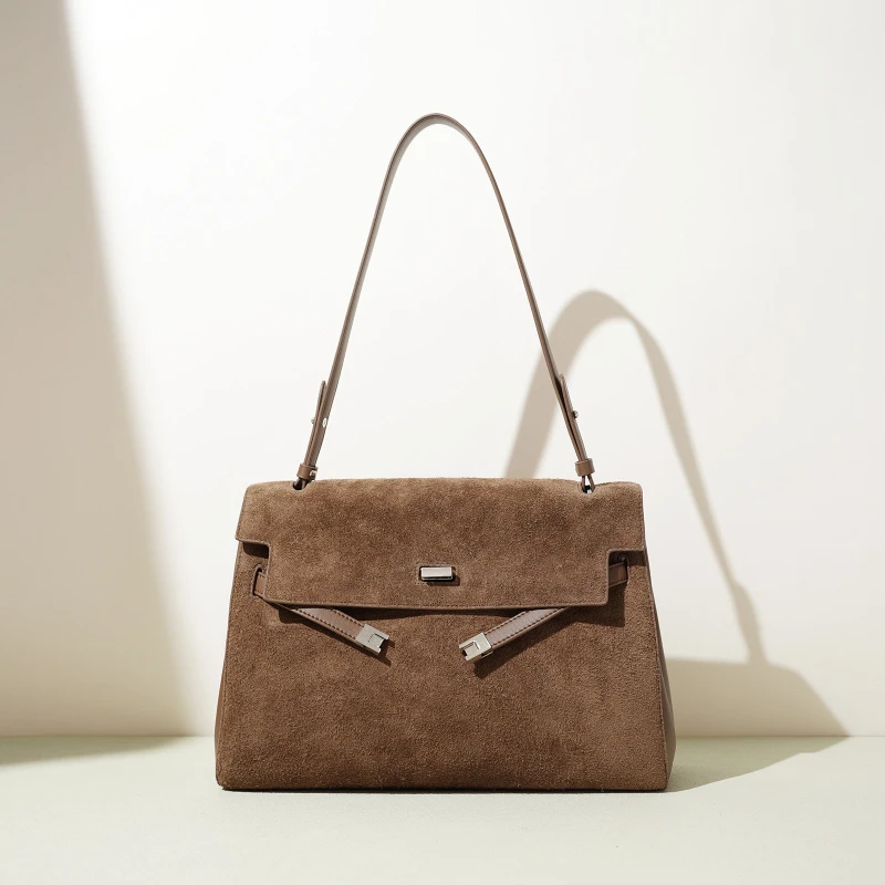 

Замшевая сумка-тоут из воловьей кожи для женщин, большие сумки на плечо из натуральной кожи, дизайнерская сумка с замком, мягкий нубук, кошелек через плечо