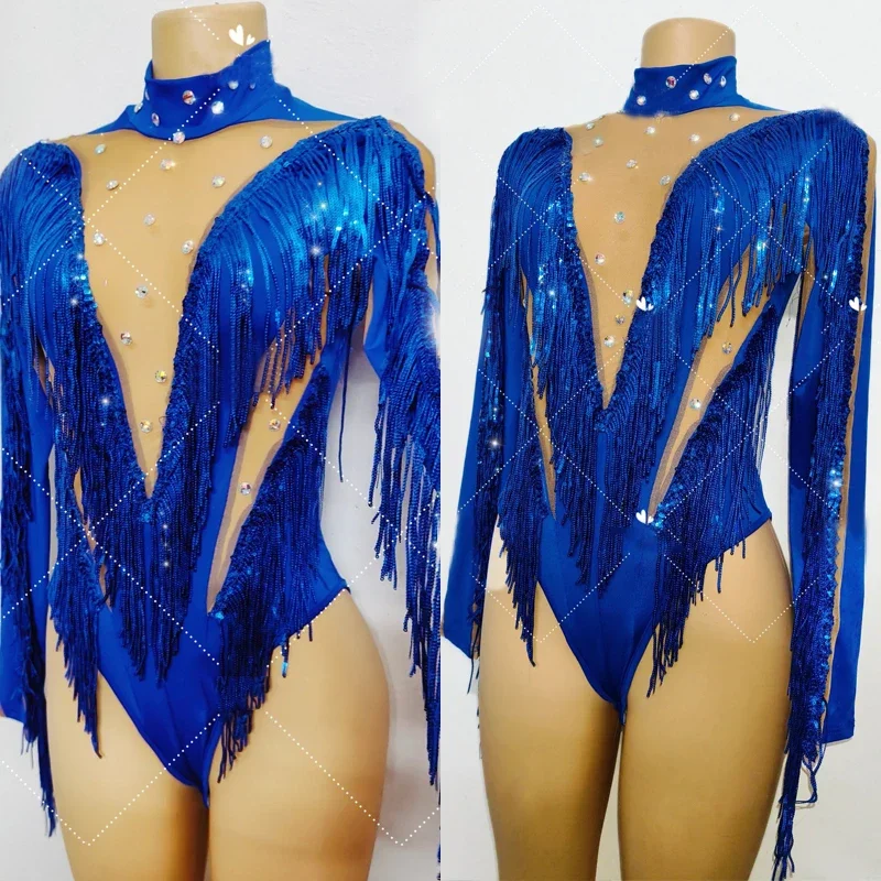 

Flashing Blue Fringed Rhinestones Bodysuit Women Stretch Gogo Dancer Costumes Bar Nightclub Dj Ds Party Rave Outfits