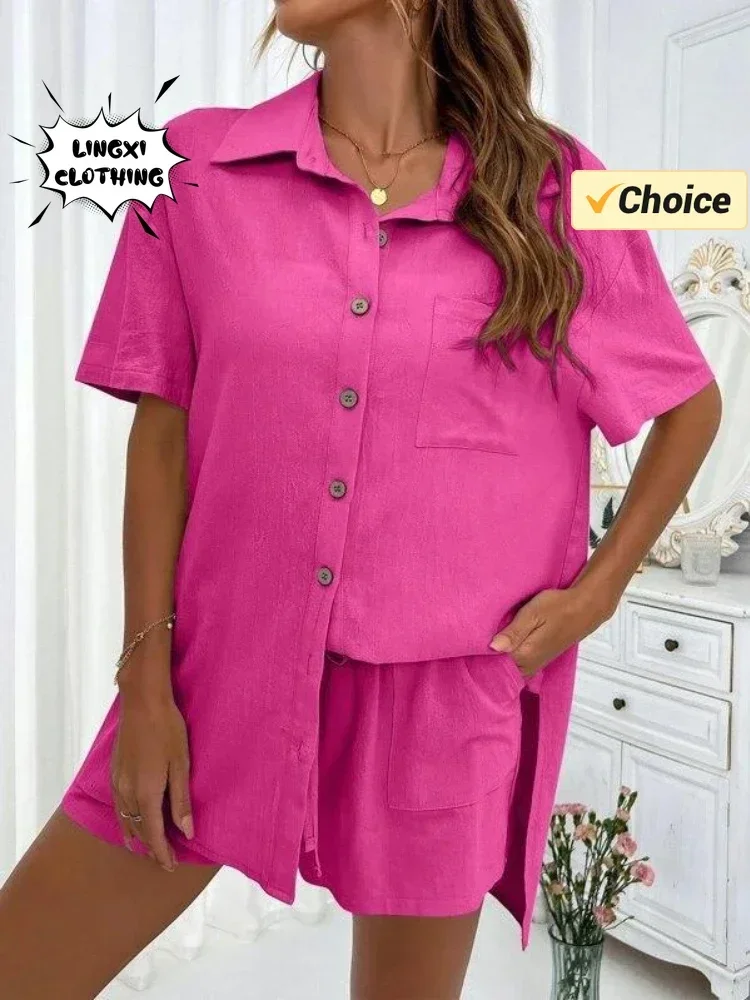 2025 여름 패션 스포츠 캐주얼 코튼 린넨 투피스 세트 여성용 싱글 브레스티드 셔츠 밴딩 반바지 투피스 세트