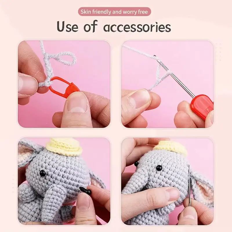 Crochet Pendant Doll Knitting Kits DIY Handmade Making Cartoon Elephant Fox Dog Succulents and Jellyfish Weaving Accessories Set