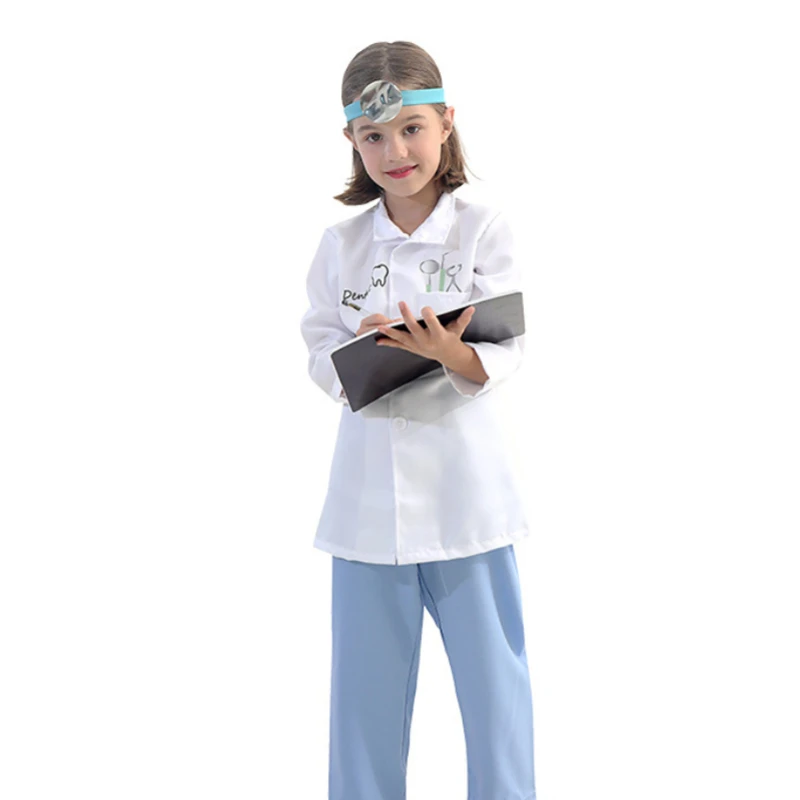 White Tooth Doctor Costume for Kids, Children's Fun Dentist Costume, Halloween Costumes, Lab Coat, Dress Up with Head Lamp Mask