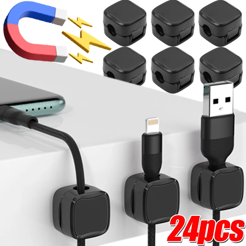 1/24PCS Strong Magnetic Cable Clips Magnet Square Wire Cord Organizer with Double Sided Adhesive Tape Home Office Storage Tools