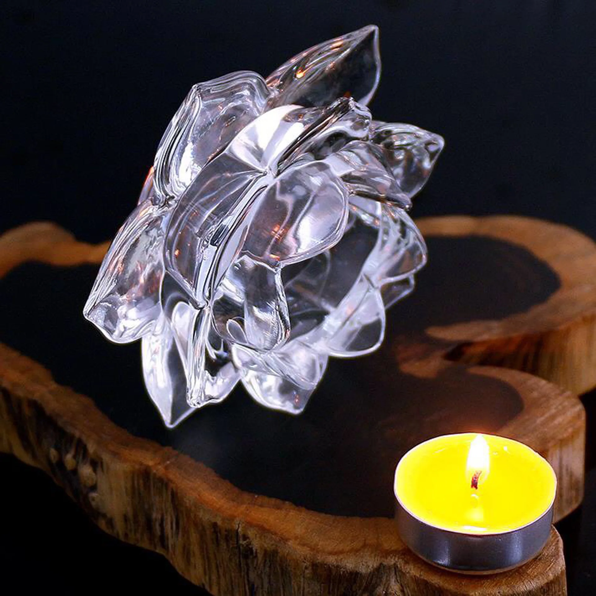 Household crystal lotus butter lamp holder heat-resistant long light candle holder candle holder ornament Buddha statue handmade