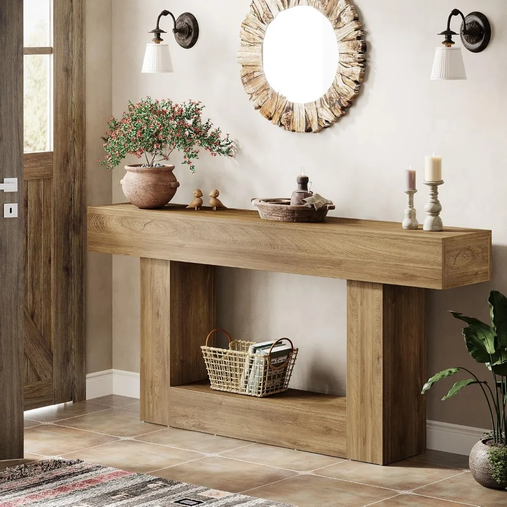 Farmhouse Style Two-Tier Console Table for Entryway, Narrow Long Wood Sofa Table Behind Couch, U-Shaped Base Design