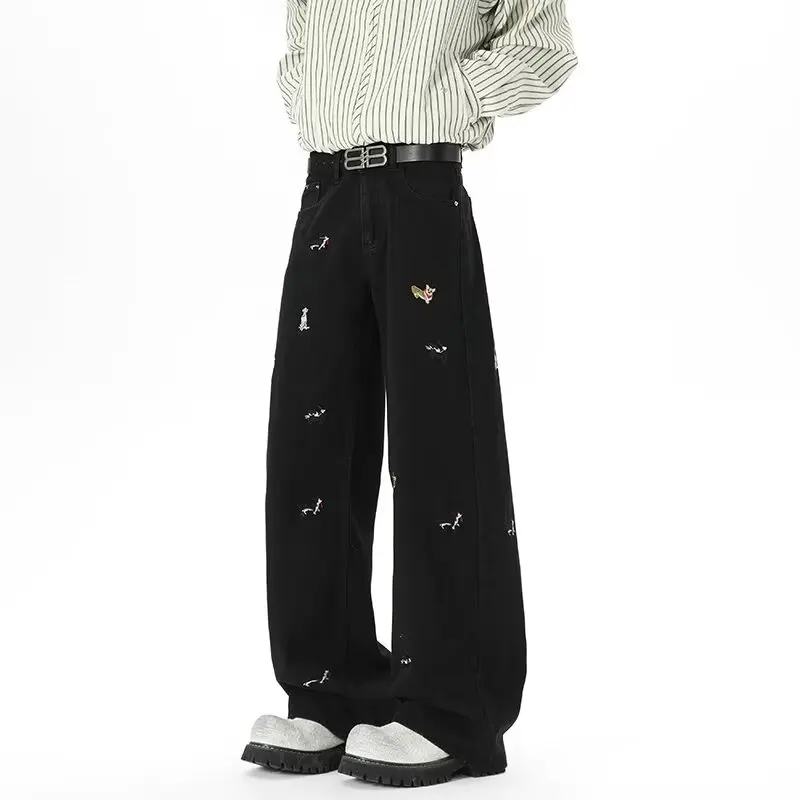 

Waed Denim Jeans Cartoon Embroidery Dog Loose Straight Wide Leg Pants Men's Faion Casual Straight Tube Trousers