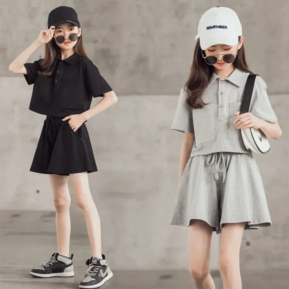 

Summer Teenager Girl Clothing Short Sleeve T Shirts + Sport Shorts 4-16 Years Kids Casual Clothes Girls Sets Black Gray Suit 12