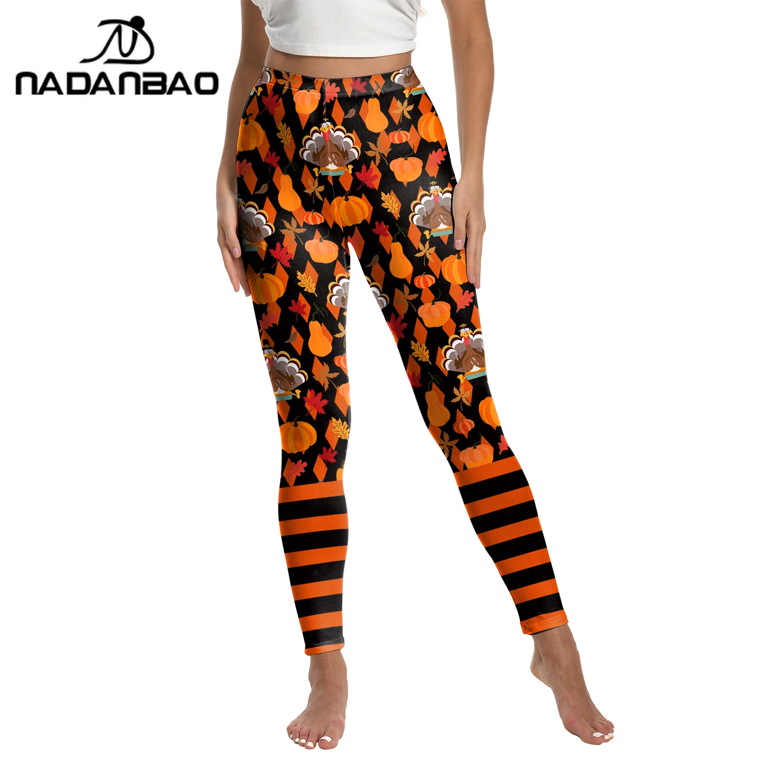 Nadanbao Vrouwen Thanksgiving Party Leggings Sexy Slanke Panty Pompoen Turkije Gestreepte Broek Gym Fitness Workout Broek Y2K Doek