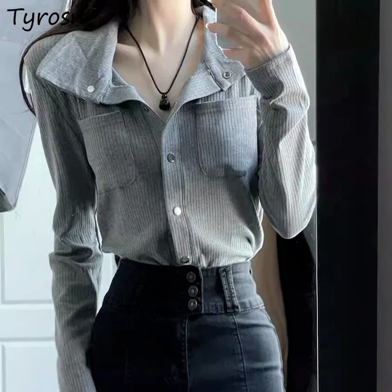 

Long Sleeve Shirts Women Knitted Slim Autumn Winter Tops Basic All-match Gentle Chic Design Pockets Vintage Female Hot Daily New