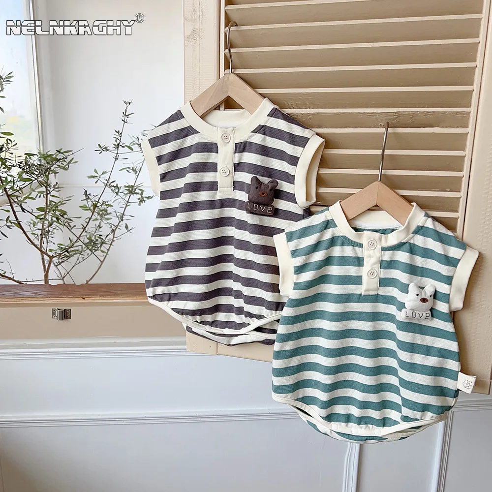 

Superior Stitching, Summer Baby Boy's Japanese-Korean Style Clothing - Sleeveless Striped 3D Cartoon Bodysuits, Toddler's Outfit