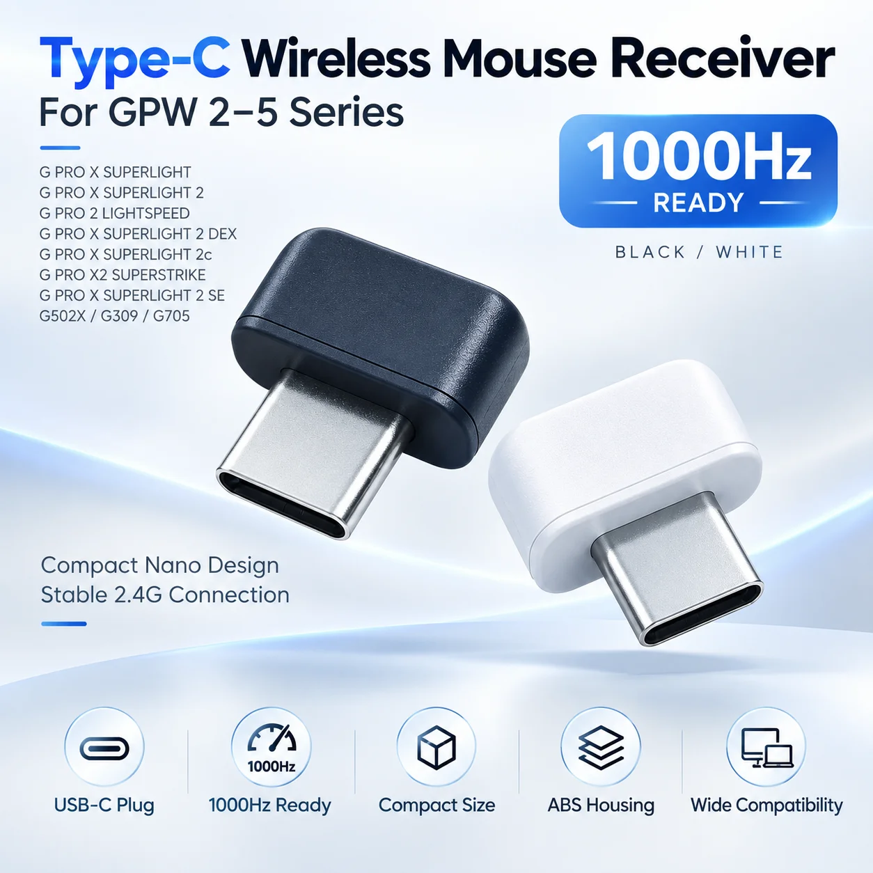 USB-C 1K Wireless Mouse Receiver 1000Hz for Logitech G PRO X SUPERLIGHT 2 DEX 2c G PRO 2 LIGHTSPEED G502X G309 G705